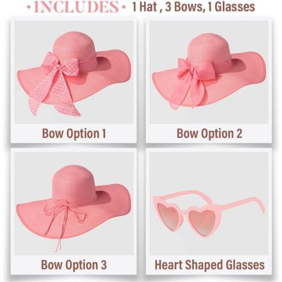 Women\'s Wide Brim Hat Straw Sun Hat with Bow and Heart Shape Glass, Pink main image 5